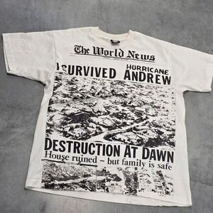 Vintage 90s y2k Hurricane Andrew Florida Newspaper News Disaster AOP 1999 tee